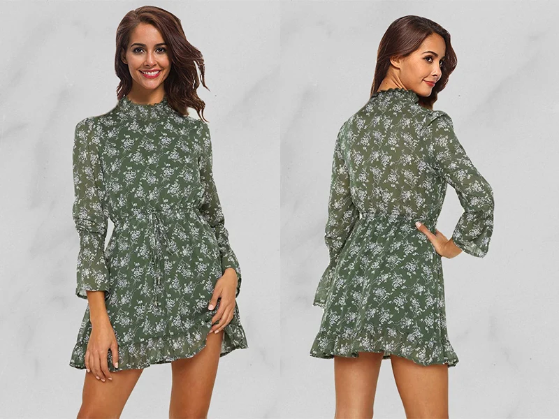 BONGOR LUSS Long Sleeves Sexy Women Party Dresses Mini Lined Dress Autumn Solid Color Stand Collar Chiffon Dress With Sashes  (30)
