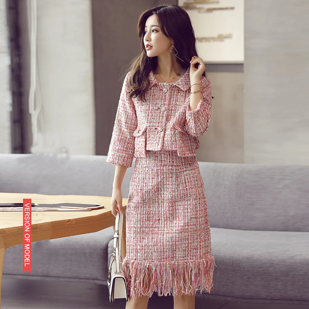2018 Autumn Tweed Skirt Suit Set Causal Women Two Piece Set Short Jacket+Tassel Skirt 3/4 Sleeve Slim Pink Sets Woman Two Pieces