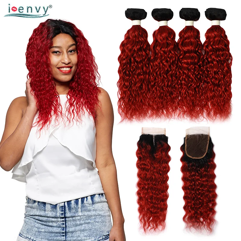 Ienvy 1B красный пучки волос от светлого до темного цвета с синтетическое закрытие волос 4 бразильский человеческие волосы волна воды Связки с