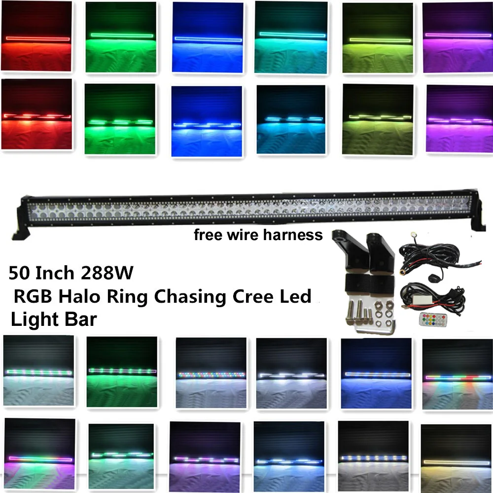 

50Inch 288W Led Work Light Bar 12V 24V with RGB Angle Eyes 12 Solid Colors Changing Led Warning Light Bar Offroad Atv Suv Light