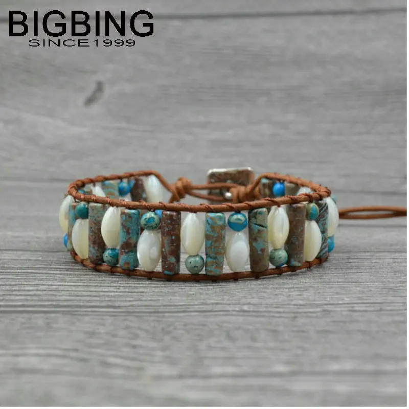 

B013 BIGBING Jewelry Fashion blue natural stone shell beads brown leather handmade bracelet fashion jewelry jewlery high quality