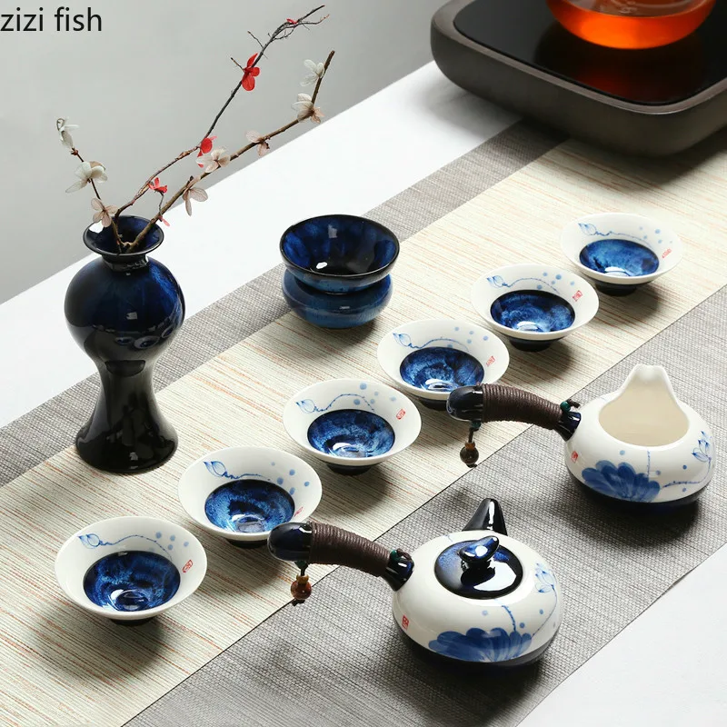 

Tea set Household Simple Kung Fu Tea ceramics Hand Painted Fighting cup Japanese-style Side teapot 11-piece set room decoration