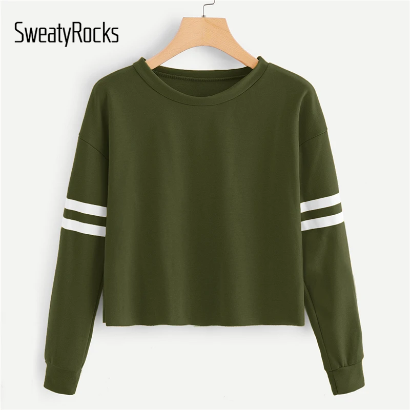 

SweatyRocks Sporting Solid Varsity Striped Sweatshirt Long Sleeve Crop Tops 2018 Fashion Autumn Casual Women Sweatshirts