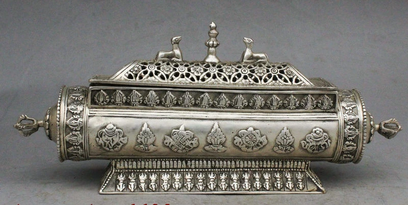 

12" Tibet Buddhism Silver 8 Auspicious Symbol Deer Statue Incense burner Censer