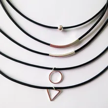 Простые ожерелья из стерлингового серебра 925 пробы для женщин Подвеска с геометрией черные ожерелья из натуральной кожи и подвески