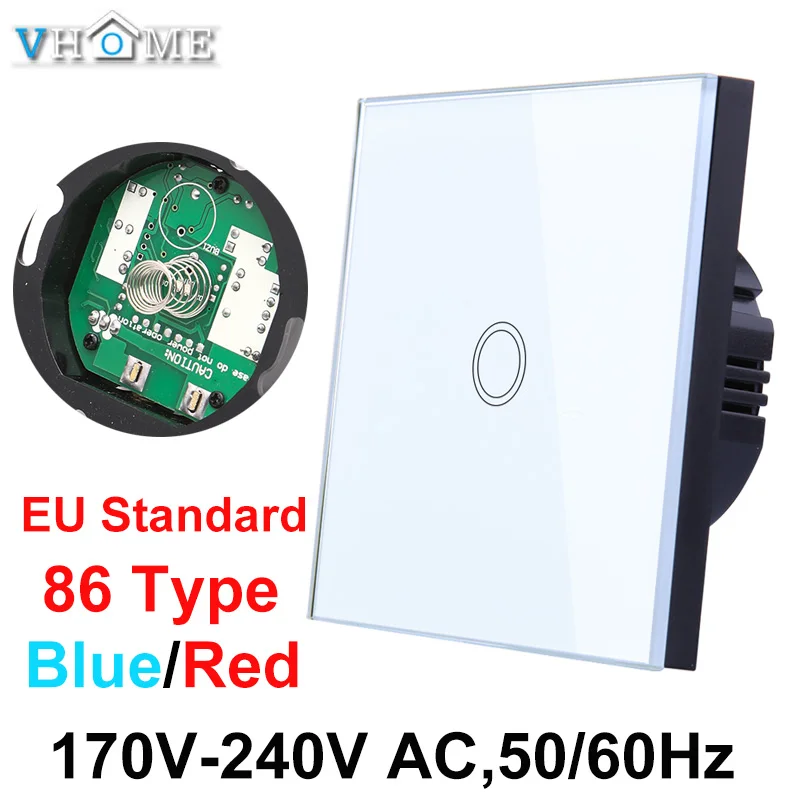 

EU Stanard Switch White Crystal Glass Panel 1 Gang 1 Way Wall Touch Switch, EU Type Light Touch Screen Switch,AC 170-250V