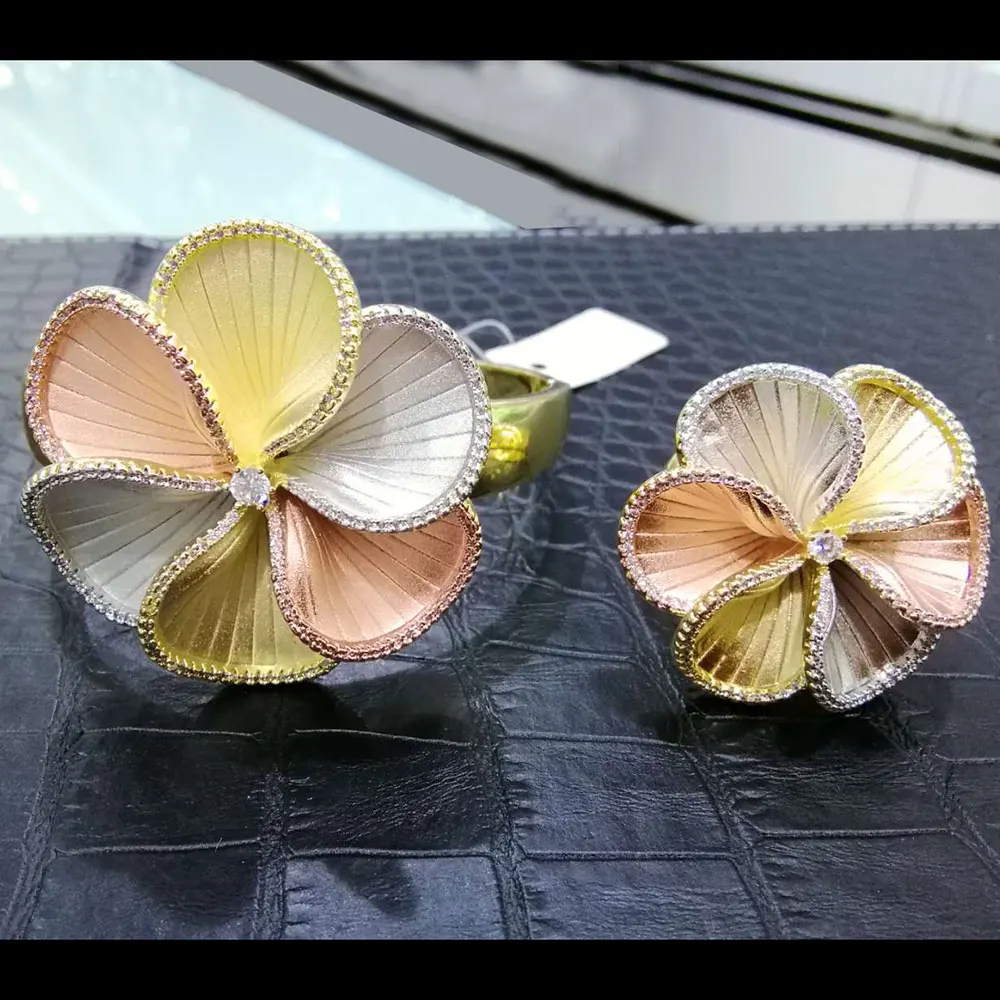 

GODKI Luxury 3Tone Flower Nigeria Bangle Ring Set Jewelry Set For Women Wedding Cubic Zircon Crystal CZ Dubai Bridal Jewelry Set