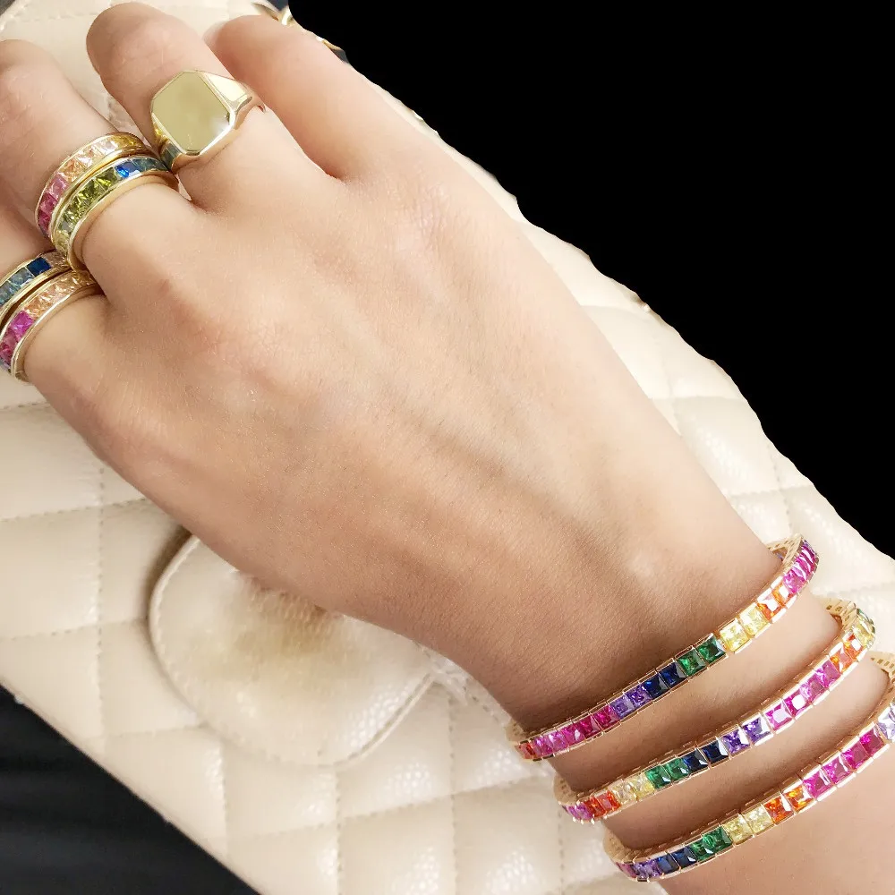 

Gold filled colorful rainbow baguette cz jewelry sets fashion trendy women lady gorgeous bright bracelet earring ring necklace