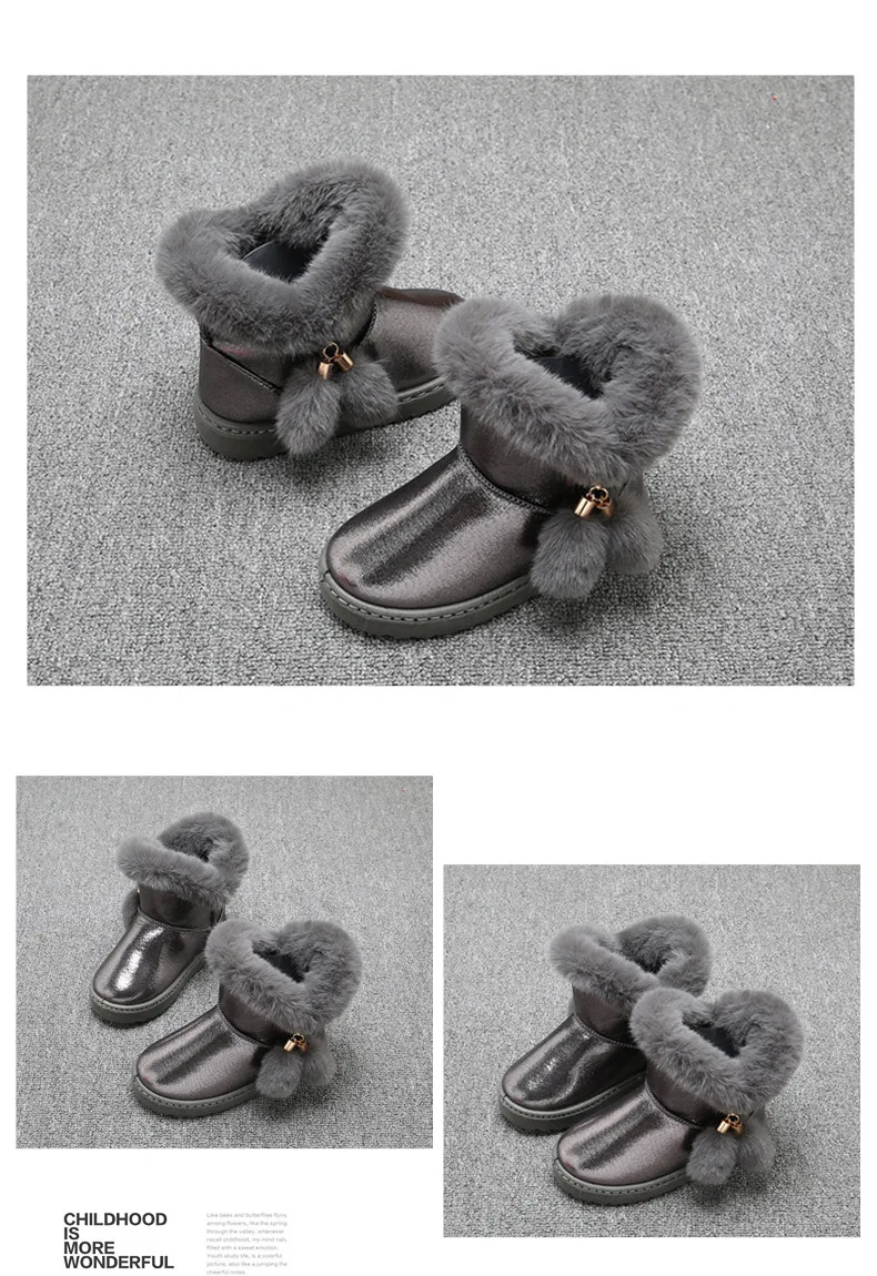 Детские зимние ботинки; зимняя обувь для девочек; бархатные теплые хлопковые ботинки; водонепроницаемая кожаная обувь с кисточками;