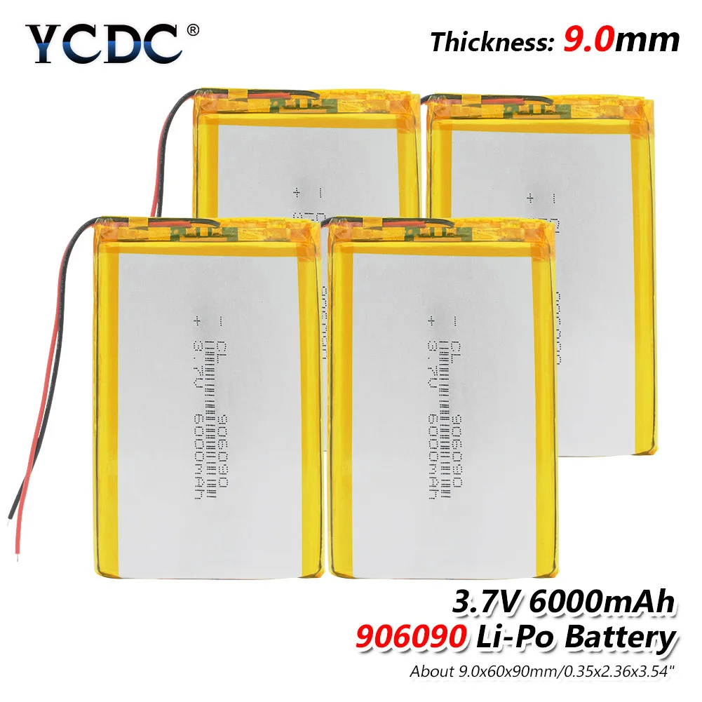 1/2/4 шт. Перезаряжаемые 906090 3,7 V 6000mAh Li-Po Батарея 3,54x2,36x0,3" Большой Ёмкость 6000mah литиевые батареи