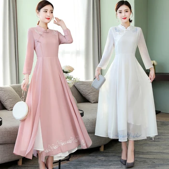 

2019 Spring Chinese Style Embroidery Women Dress White A-line Ankle-length Cheongsam Dresses Woman Ethnic Style Clothes