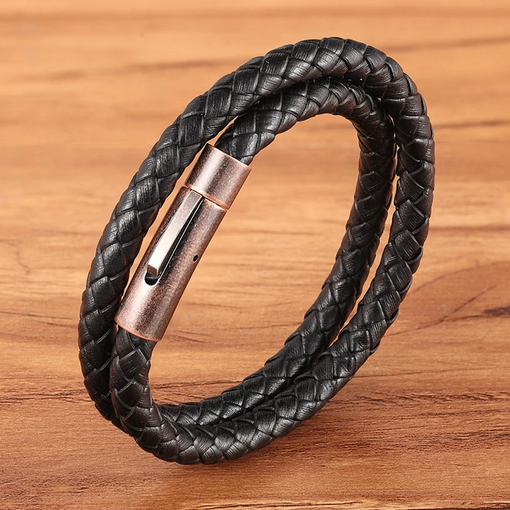 

XQNI Classic Men Jewelry Multi Layer Leather Bracelet/Bangle Engraving LOGO Stainless Steel Vintage Color Buckle Fashion Gift