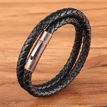 

XQNI Classic Men Jewelry Multi Layer Leather Bracelet/Bangle Engraving LOGO Stainless Steel Vintage Color Buckle Fashion Gift