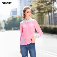 100%Silk Blouse Women Fashion Spring Shirts 2018 Ladies Peter Pan Collar Jewlery Button Long Sleeve Casual Sweet Pink Tops Shirt