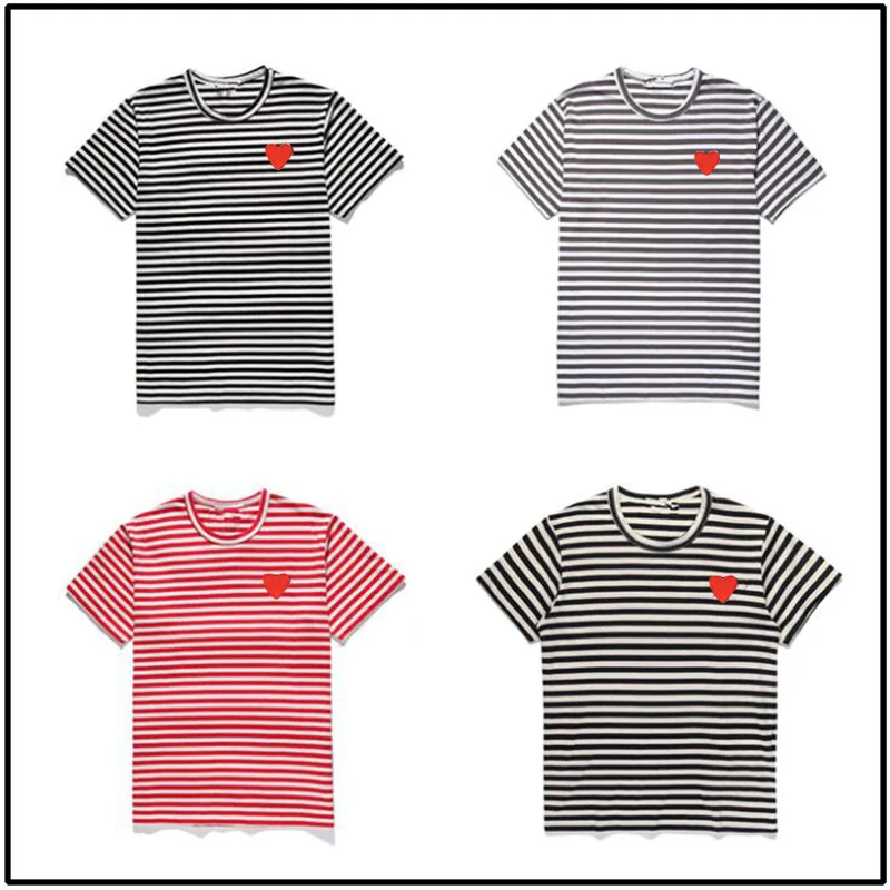 

（Have eyes）2019 New T-shirt Embroidery Heart Men and Women Wear Love Round Neck Cotton Color Striped Short-sleeved for Couple