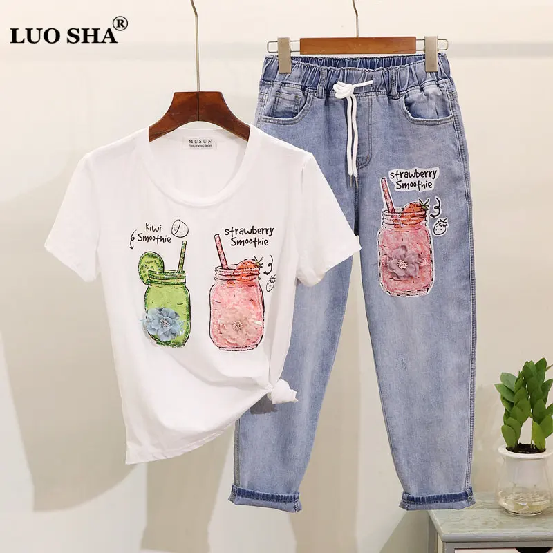 Женский джинсовый костюм с вышивкой LUOSHA футболка + джинсы цветочной бутылочкой