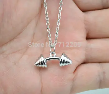 

30pcs a lot rhodium plated Dumbbell barbell weight charm chain necklace Fitness weightlifting Gym necklace (A1120)