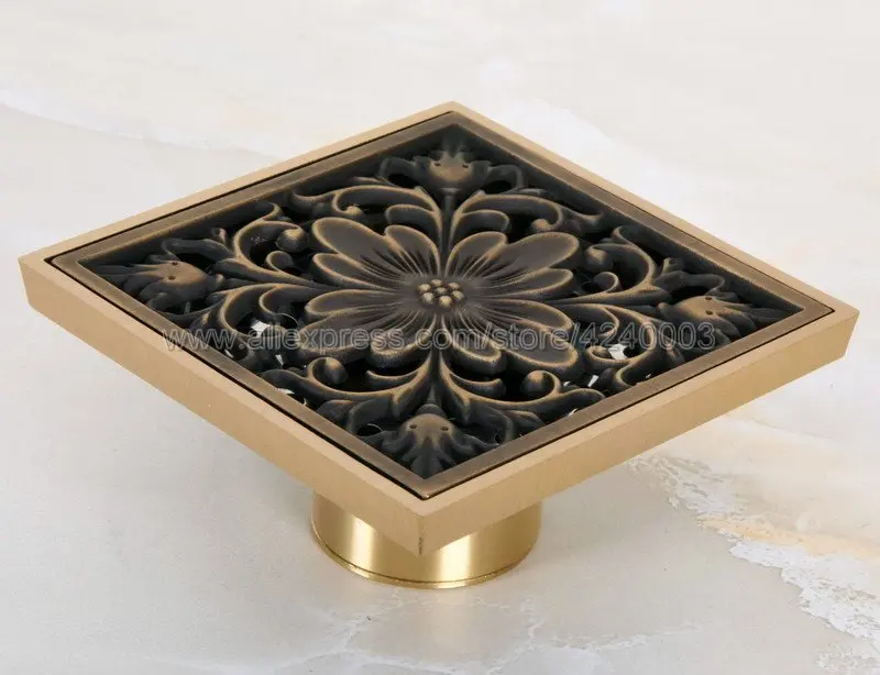 Floor Drains 10cm Antique Brass Art Flower Carved Bathroom Shower Square Strainer Waste Grate Floor Drain Khr045