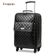 High quality PU leather Luggage,Women Carry-Ons,Universal wheels Suitcase bag,Black Grid pattern Carrier,Trolley case,drag box
