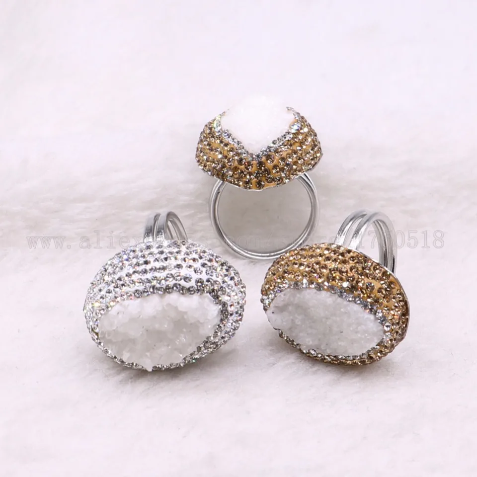 5 pieces Double stone rings mix stone druzy rings mix metal color rings druzy rings bang rings wholesale rings adjustable  3629