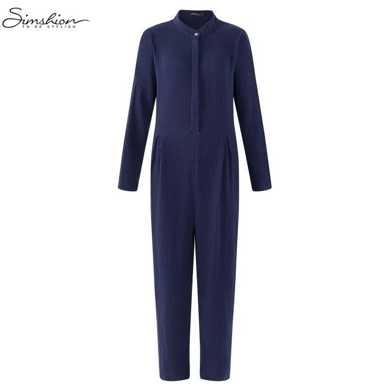 Vintage Linen Jumpsuits 2018 Women Long Sleeve Rompers Female Casual Solid Overalls Pockets Oversized Lady Autumn Pantalon Pants