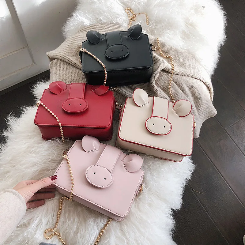 

Aminou Small Shoulder Chains Flap Bag For Women Cute Pig Crossbody Handbags Lady High Quality Pu Leather Cartoon Messenger Bags