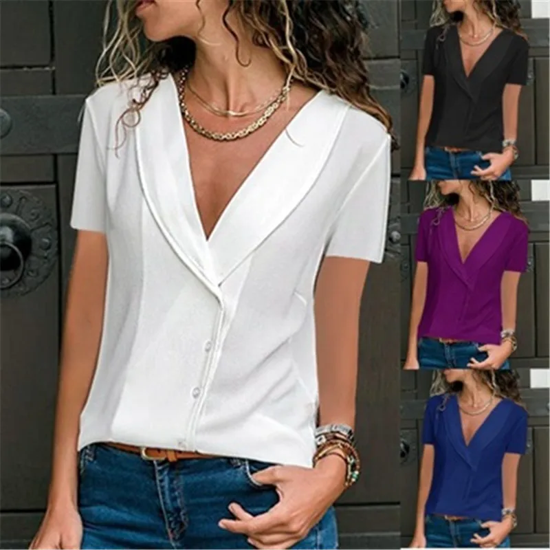 

Women Chiffon Blouse Summer Casual V-Neck Blouse Shirt New Female Solid Color Spliced Short-Sleeved Plus Size Tops blusas 14