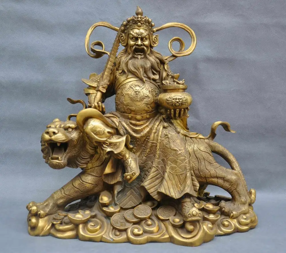 

SD 17'' China Zhao Gongming Mammon Ride Tiger Treasure Bowl Dragon Bronze Statue