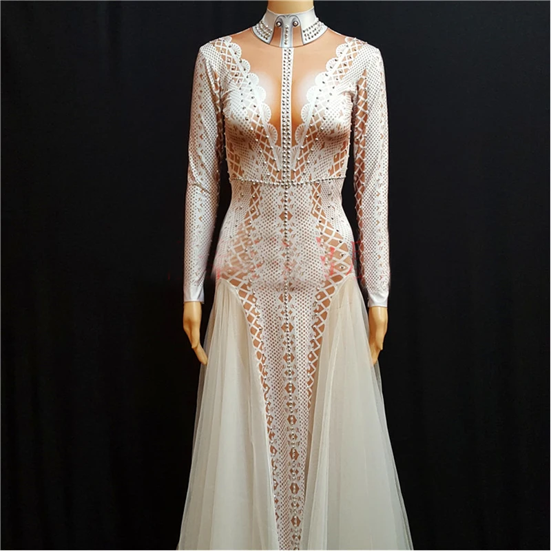 Jazz Dresses Female Singer Dress Ds Sexy White Long Sleeve