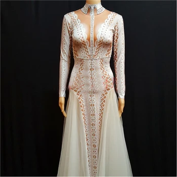 

Nightclub Jazz Dresses Female Singer Dress Ds Sexy White Long Sleeve Stage Costumes Performance Dance Outfit Bodysuit DL1019