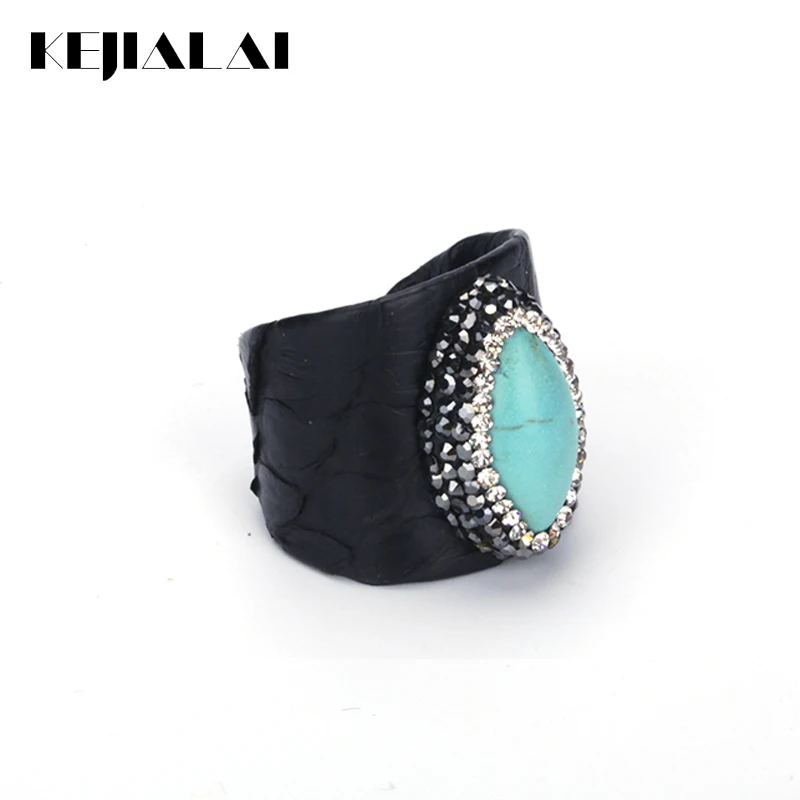 

KEJIALAI Luxury Blue Howlite Turquoises Bead Pave Rhinestone Charms Black Real Snake Leather Adjustable Open Ring Cuff For Women