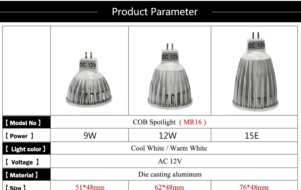 10 шт./лот Led MR16 DC 12 В 9 Вт 12 Вт 15 Вт Диммируемый Cob прожектор теплый белый/холодный белый MR 16 лампа