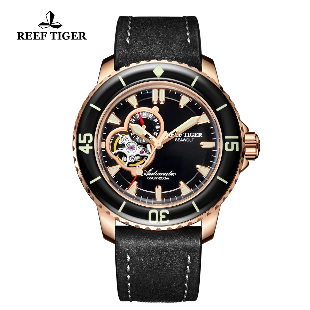 Reef Tiger/RT спортивные часы для дайвинга мужские 200 м водонепроницаемые часы с черным кожаным ремешком супер светящиеся часы RGA3039-PBBC - Цвет: RGA3039-PBBC