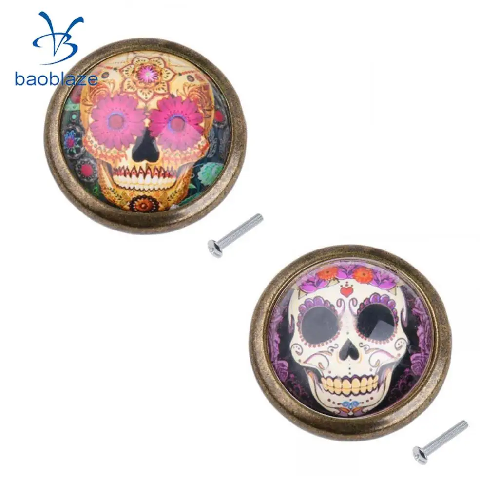 2pcs Vintage Brass Door Cabinet Cupboard Knobs Round Pull Handle Drawer Furniture Hardware - Skull