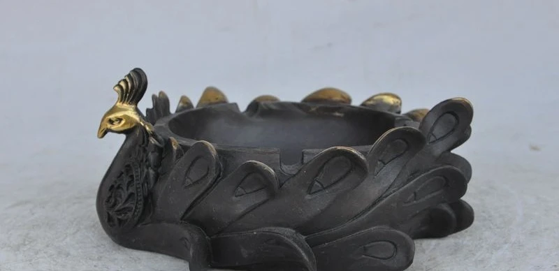 

6" china chinese fengshui bronze gilt animal Peacock bird lucky statue Ashtray