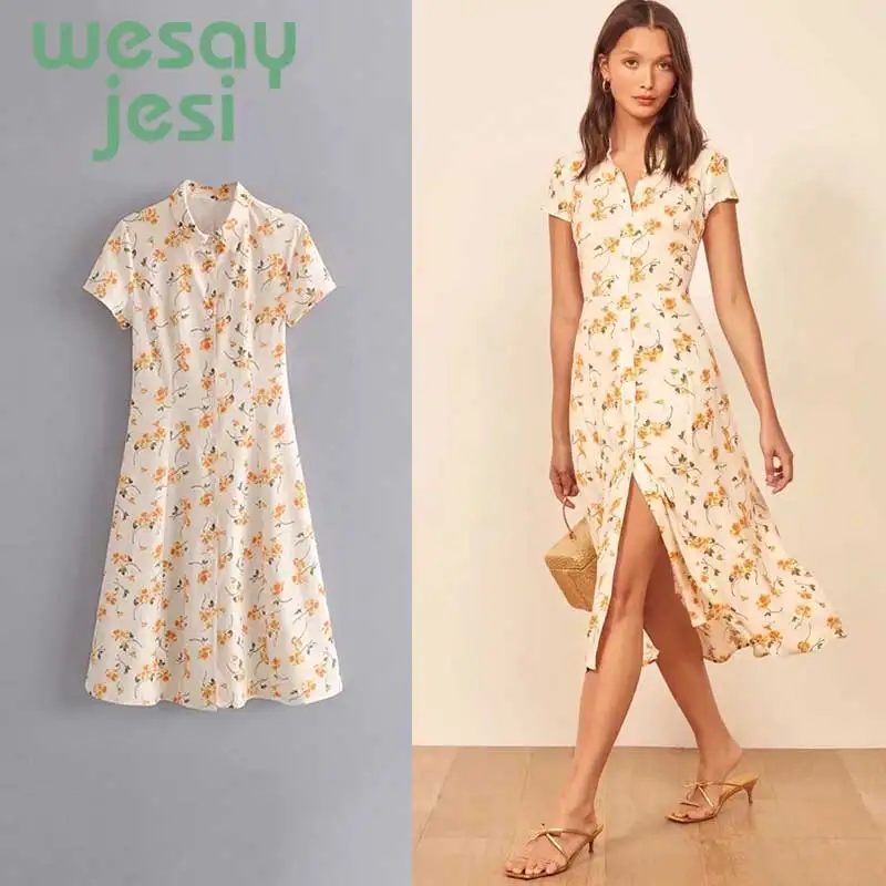 

Dress women vintage floral print A-line party dress women vestidos girl summer short sleeve chic mid-calf dresses