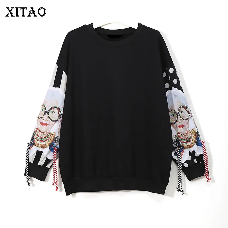 XITAO, черные свитшоты с длинным рукавом, Женский пуловер в стиле пэчворк с кисточками, Harajuku, пуловер с капюшоном, женская одежда, новинка, XWW2734