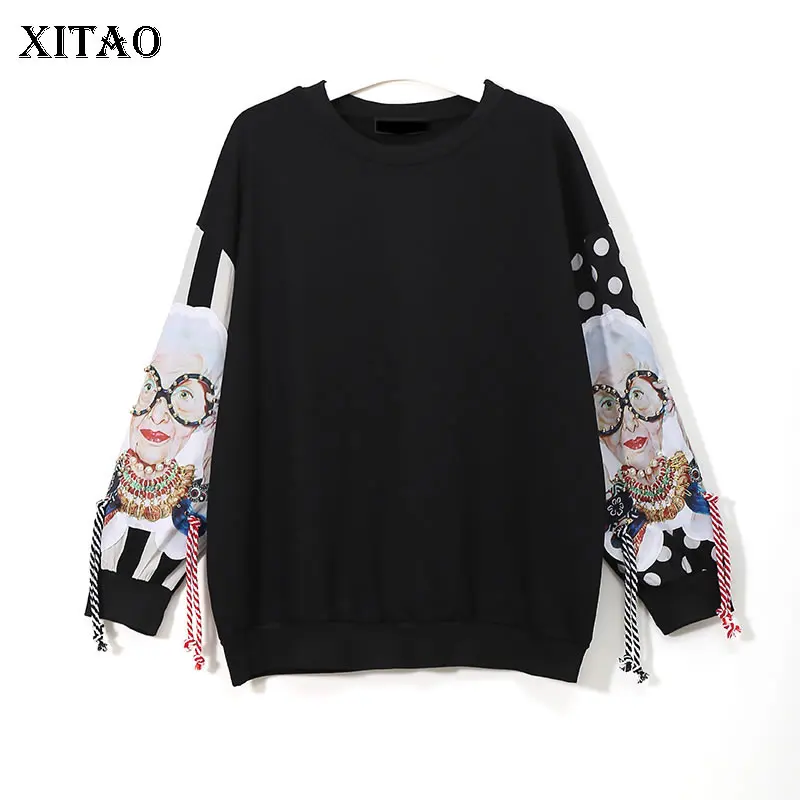 Offerte XITAO Nero Felpe A Manica Lunga Delle Donne Della Rappezzatura Della Stampa Della Nappa Pullover Harajuku Felpa Con Cappuccio Pullover Vestiti Delle Donne Nuovo XWW2734