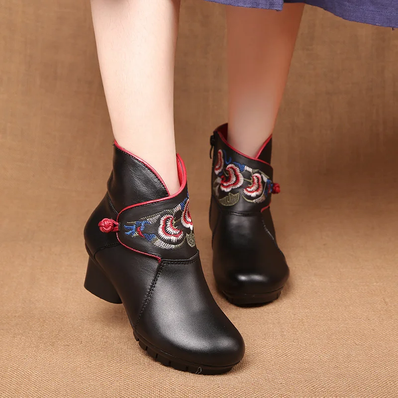 mid calf low heel leather boots