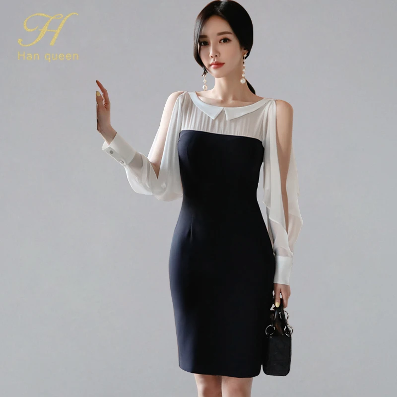 

H Han Queen OL Elegant Office Wear Pencil Dress Women 2019 Summer Black White Color Matching Dresses New Sheath Bodycon Vestidos