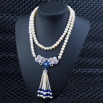 

Luxury Freshwater Pearl Necklace Micro Zircon Flower Pendant Long Necklace Tassel Pendant Sweater Necklace Lady Pearl Jewelry