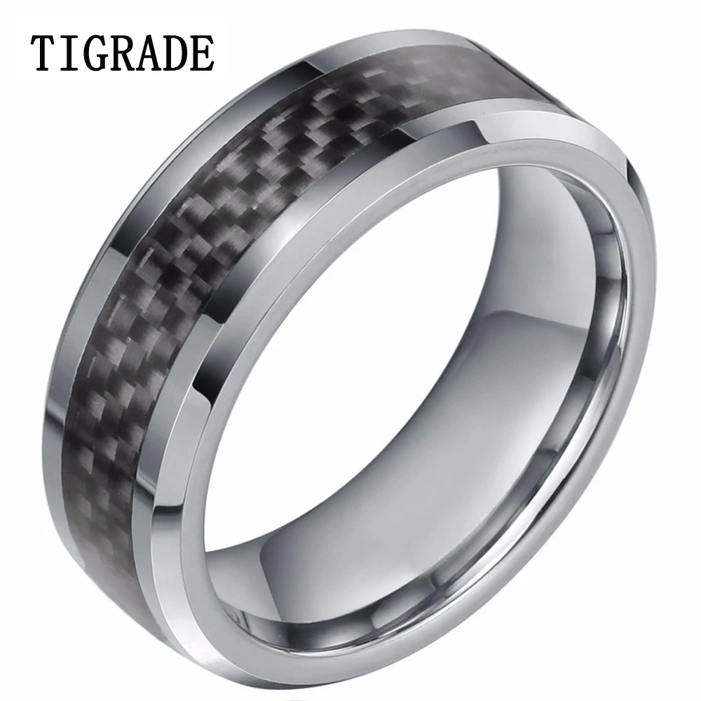 8mm New Black Carbon Fiber Men's Ring Tungsten Carbide Engagement Ring Wedding Band Men Jewelry
