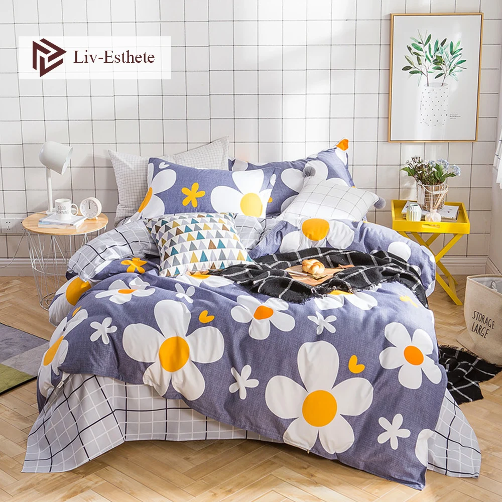 

Liv-Esthete Fashion Flower Bedding Set Double Queen King Duvet Cover Pillowcase Grid Flat Sheet Bed Linen For Adult Bedspread