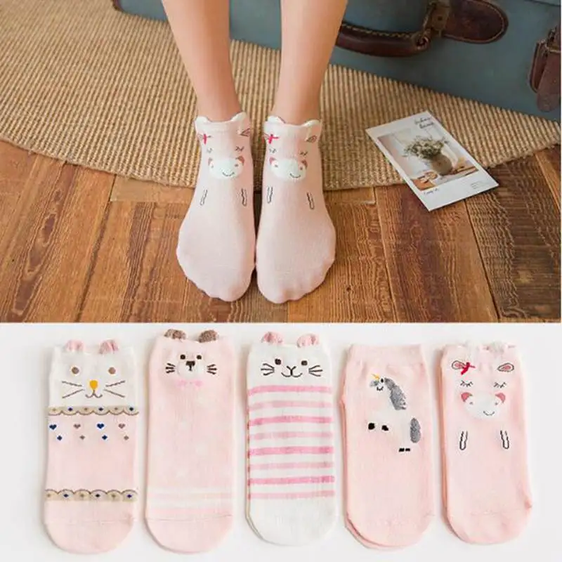 Harajuku/5 пар/лот, носки с ушками животных, женские хлопковые короткие носки, короткие Носки с рисунком единорога, кошки, лисы для девушек, skarpetki