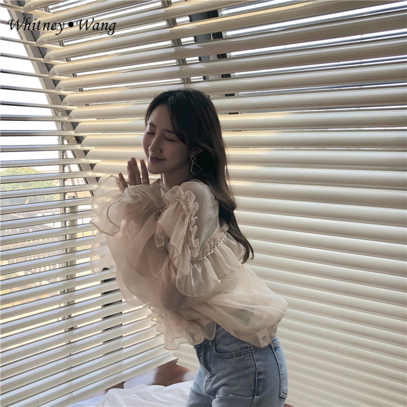 WHITNEY WANG 2019 Весенняя мода уличная v образным вырезом шифоновая блузка с оборками