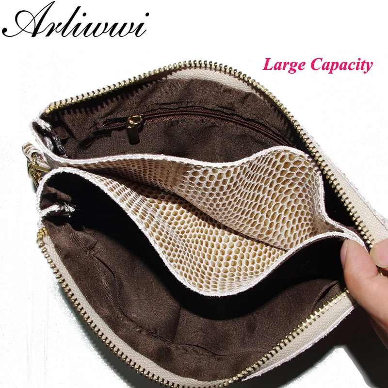 Arliwwi бренд двойной слой большой емкости Блестящий Змеиный узор для женщин из натуральной коровьей кожи сумки-клатч Сумки с ремешком на цепочке