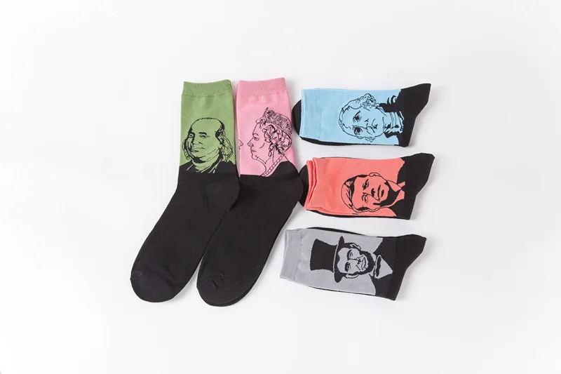 Красочные для мужчин экипажа забавные чесаный хлопковые носки Линкольн Вашингтон Кеннеди узор новинка картина маслом свадебные носки