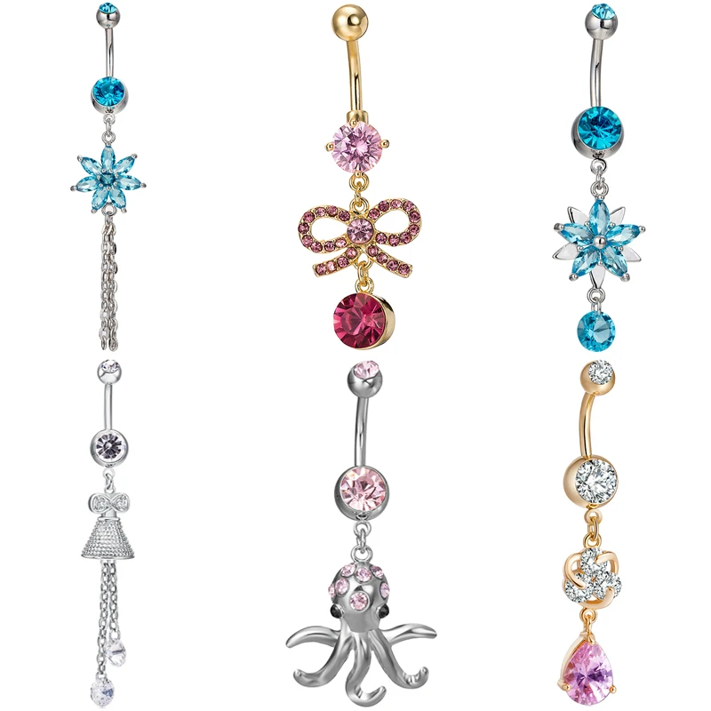 

2019 New Sexy Dangle Navel Piercing Rings Rhinestone Body JewelryDouble Petals Zircon Crystal Surgical Steel Belly Button Rings