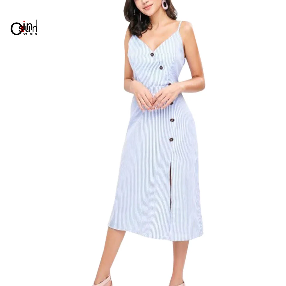 

Osunlin Summer Women's Dresses Stripe High Street Bohemian Dress Beach Backless Twist Front Cutout Knot Cami Dress V Neck Casual