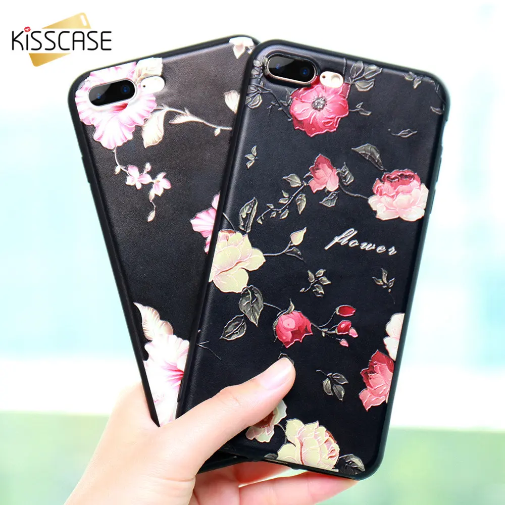 KISSCASE 3D Rose Flower Case For iPhone X 7 8 Plus Soft Silicon Phone Relief Blossoms 6 6s 5 5S Xs Max |